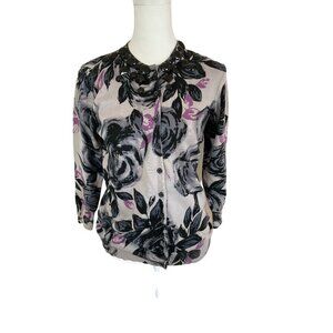 Black NWT Purple Pink Floral Cardigan Sweater with Black “Jewel” Accents Sz MP